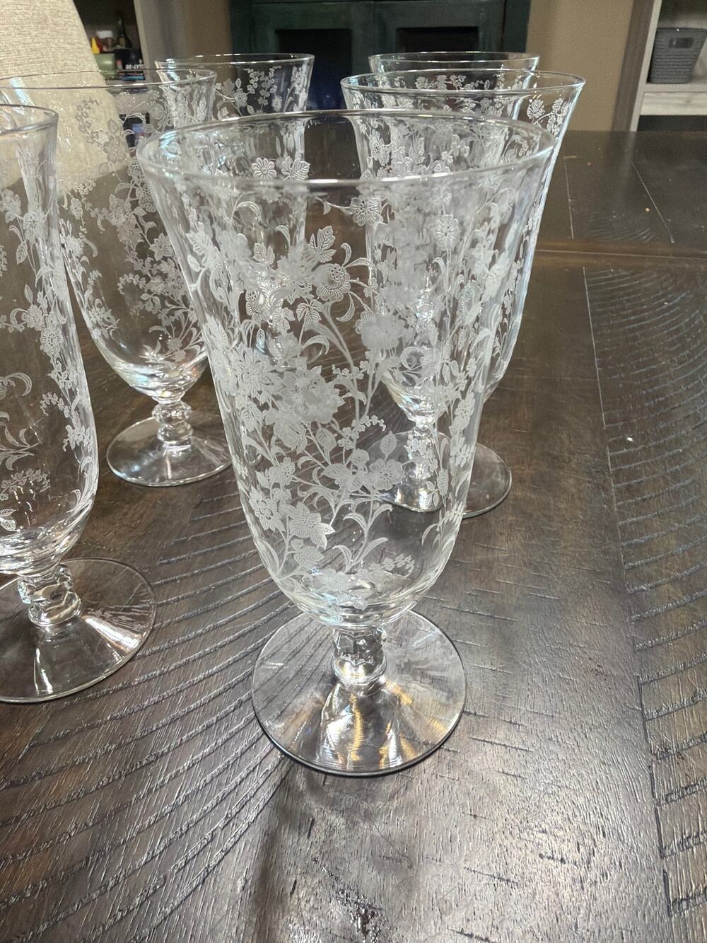 Set of 6 Vintage Etched Floral Wine Glasses Clear Stemware Elegant Barware